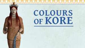 Text "Colours of Kore" next to a statue of a woman with long hair